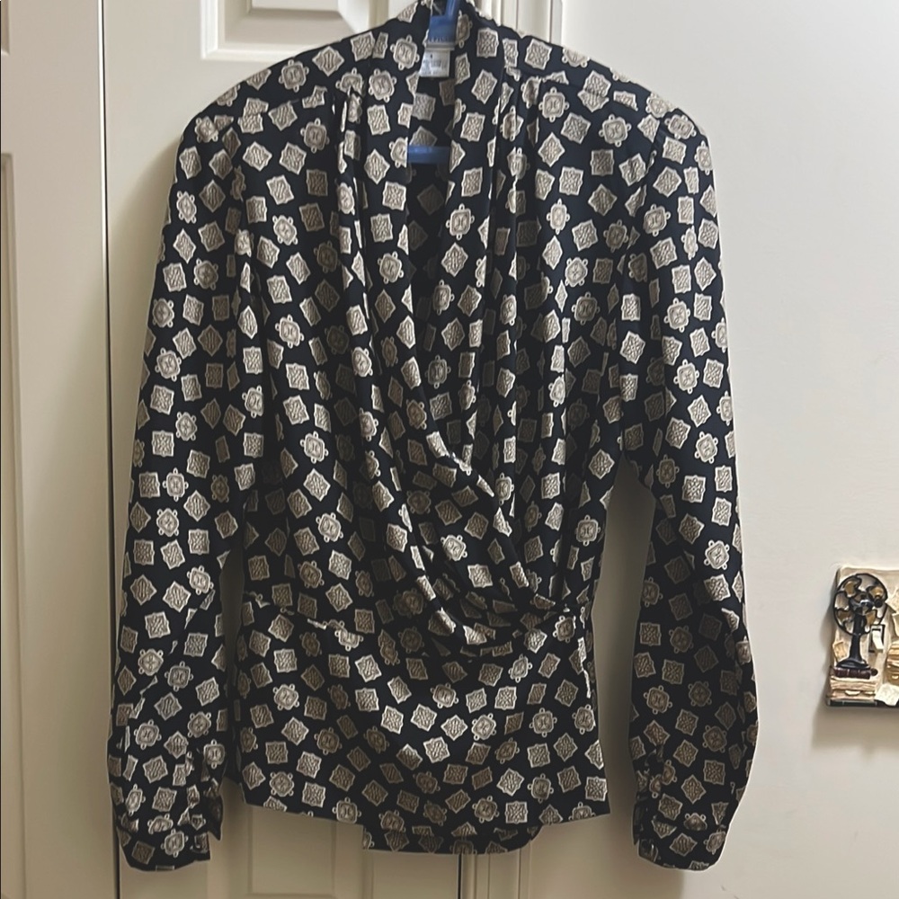 Vintage Evan Picone Black and Tan Geometric Women's Blouse